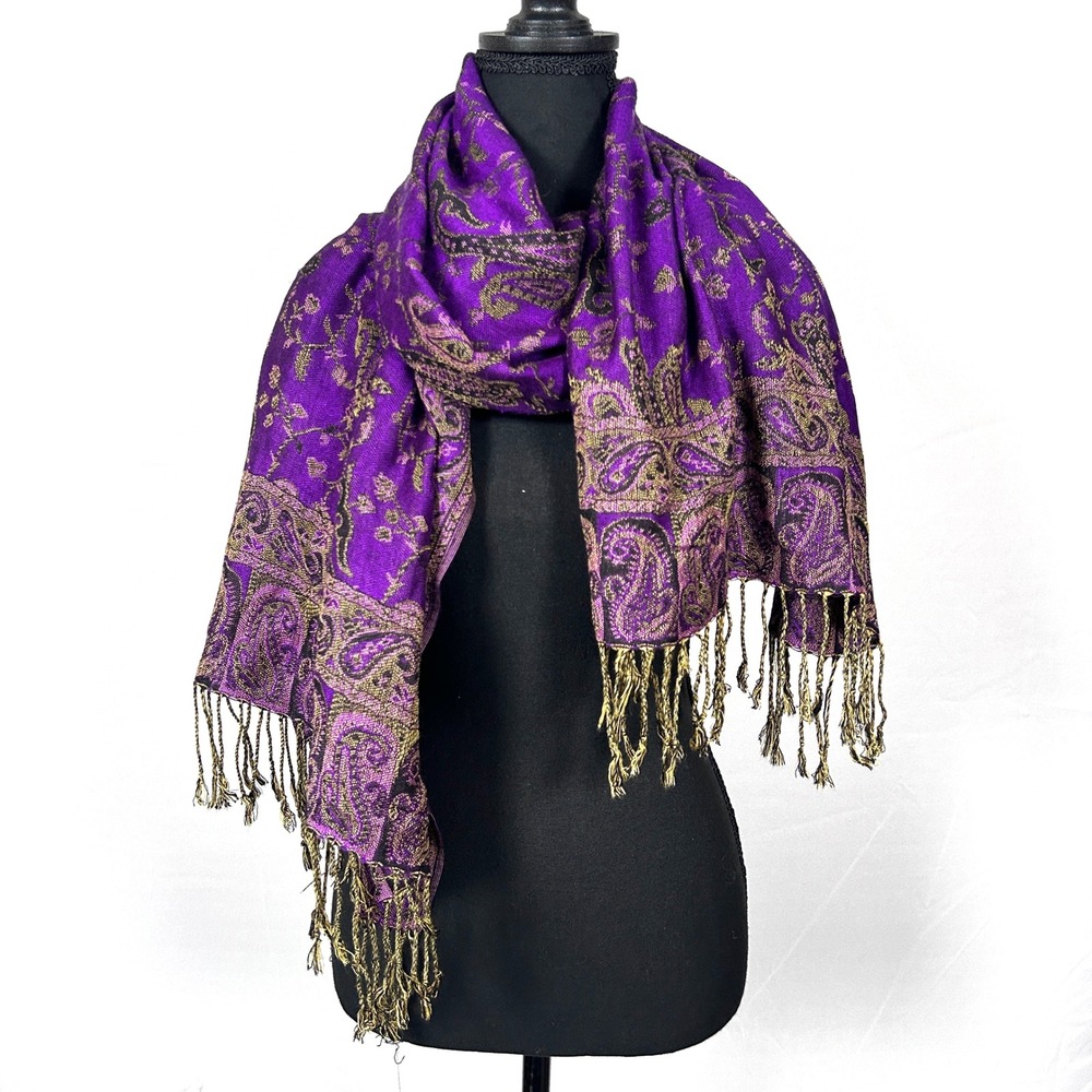Pashmina Silk Paisley Shawl Scarf Wrap Shawl Womens OS Purple Gold Black Boho